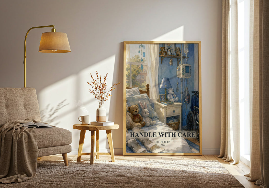 Handle with Care watercolour print in frame leaning in hallway – contemporary fiction wall art (mockup)