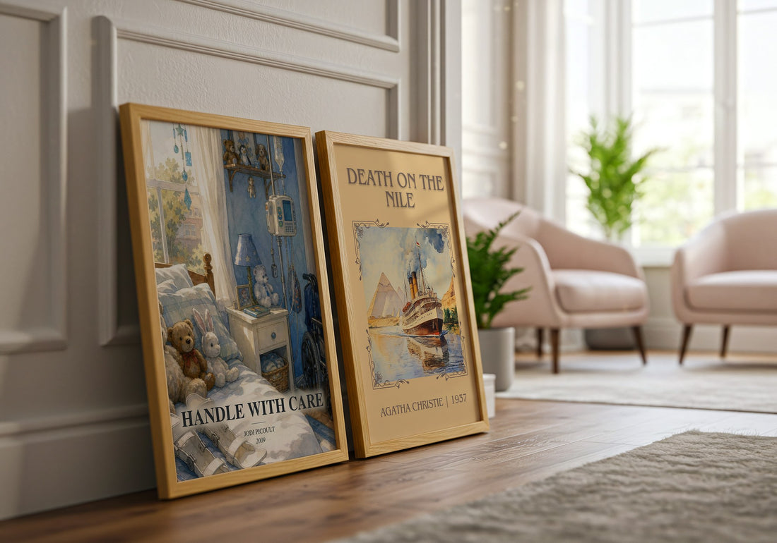 Handle with Care watercolour print framed by window – literary home decor