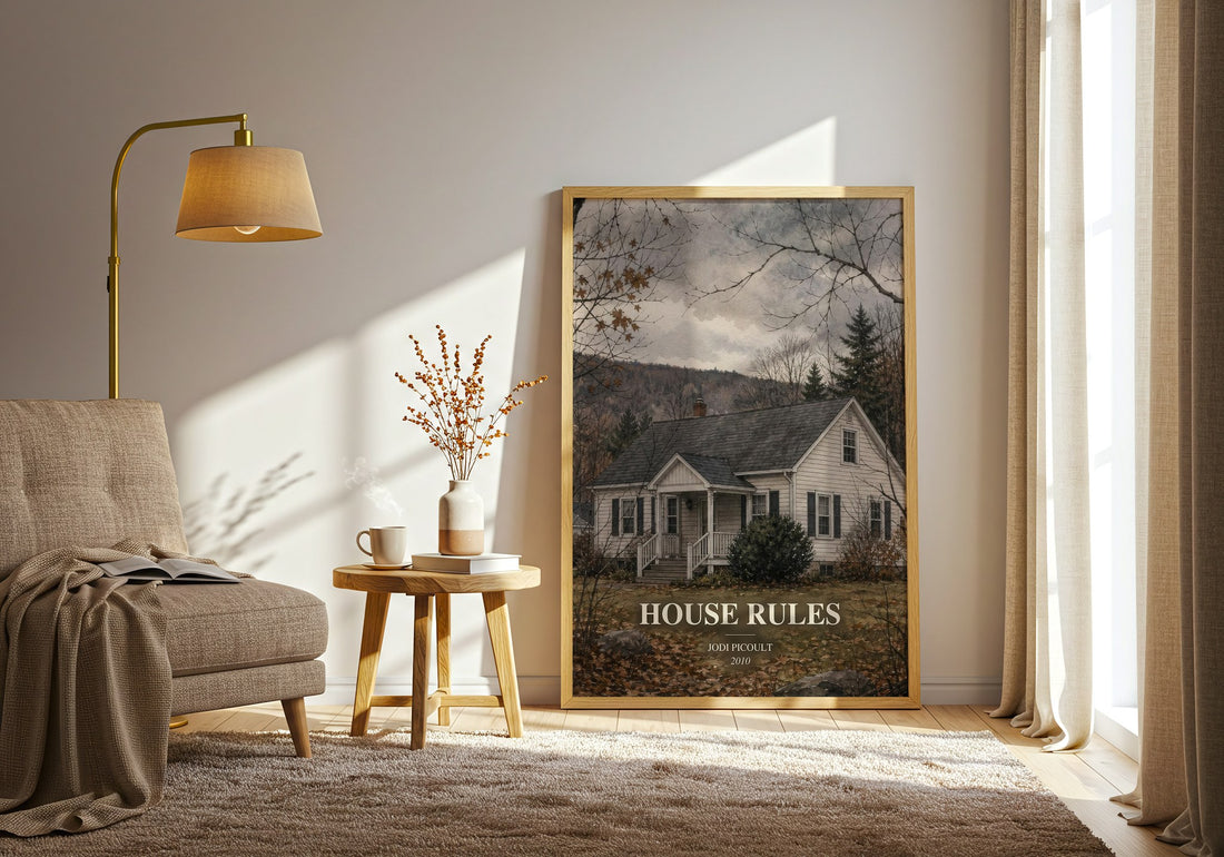 House Rules watercolour print in frame leaning in hallway – contemporary fiction wall art (mockup)