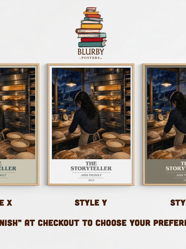 The Storyteller book cover print in frame leaning in hallway – historical fiction wall art