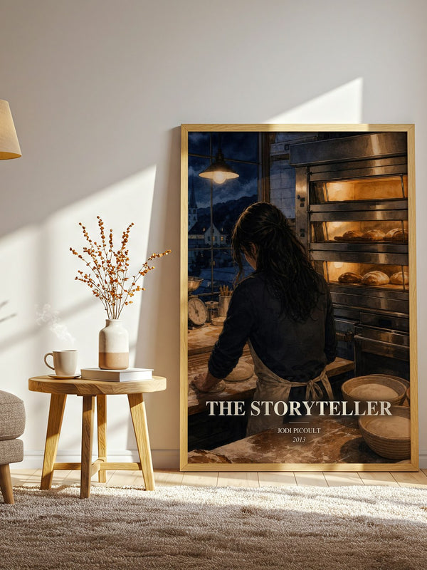 The Storyteller watercolour print in frame leaning in hallway – historical fiction wall art