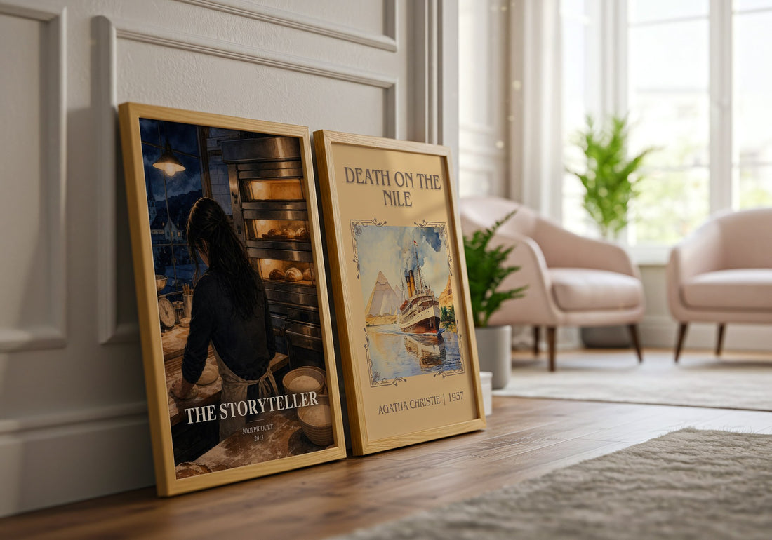The Storyteller watercolour print framed by window – literary home decor