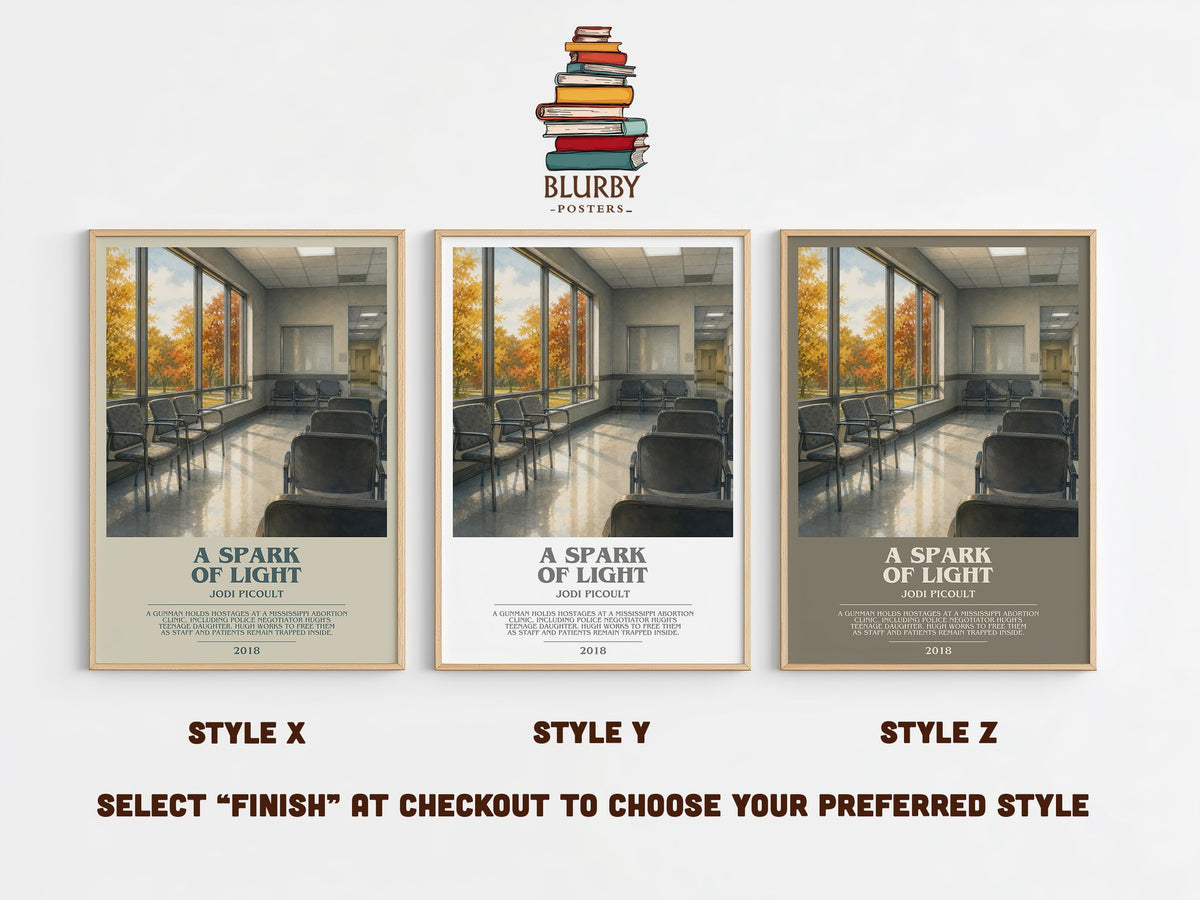 A Spark of Light bookish print in frame leaning in hallway – contemporary fiction wall art (mockup)