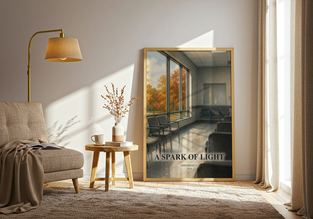 A Spark of Light watercolour print in frame leaning in hallway – contemporary fiction wall art (mockup)