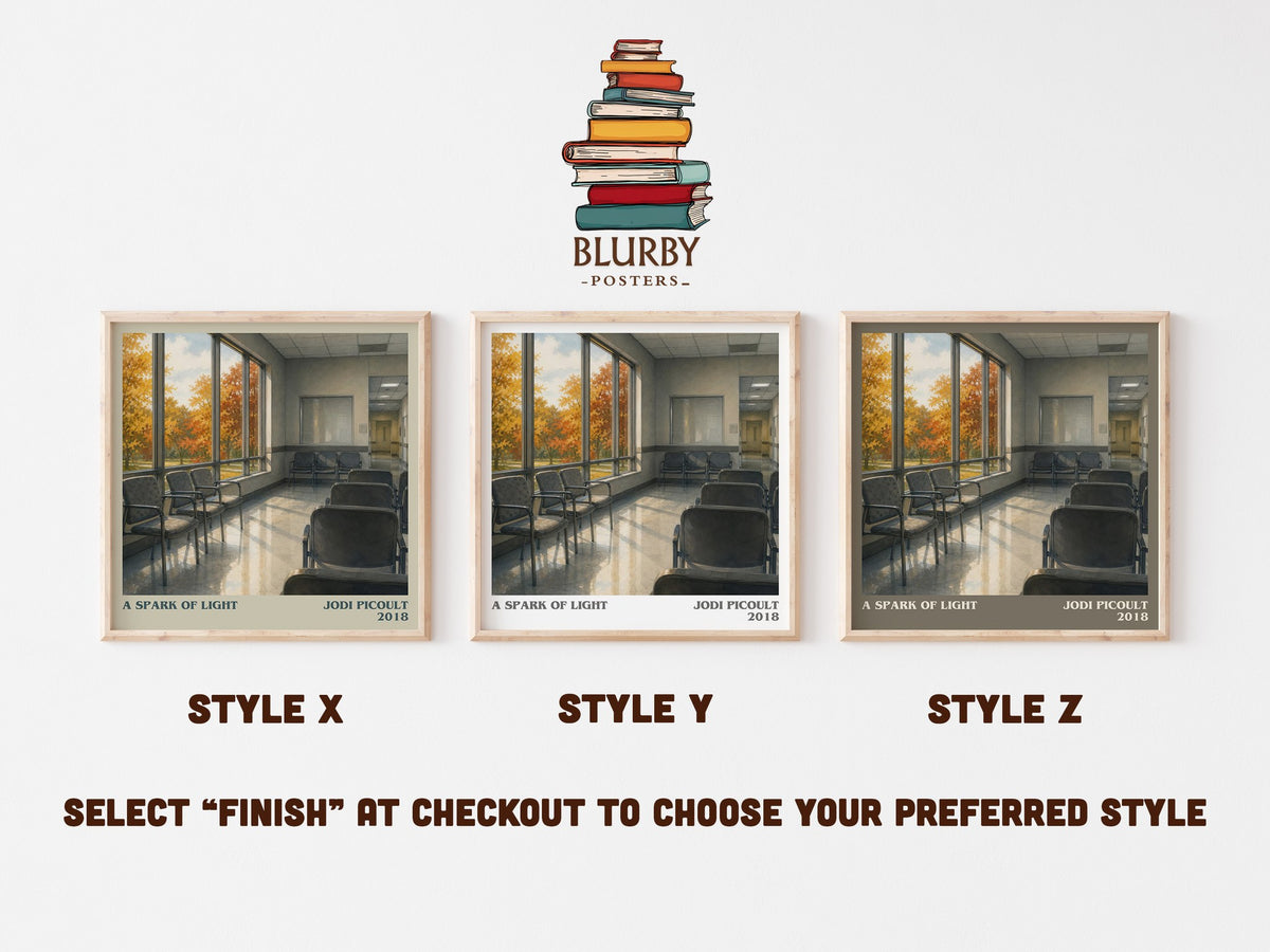 A Spark of Light literary print in frame leaning in hallway – contemporary fiction wall art (mockup)