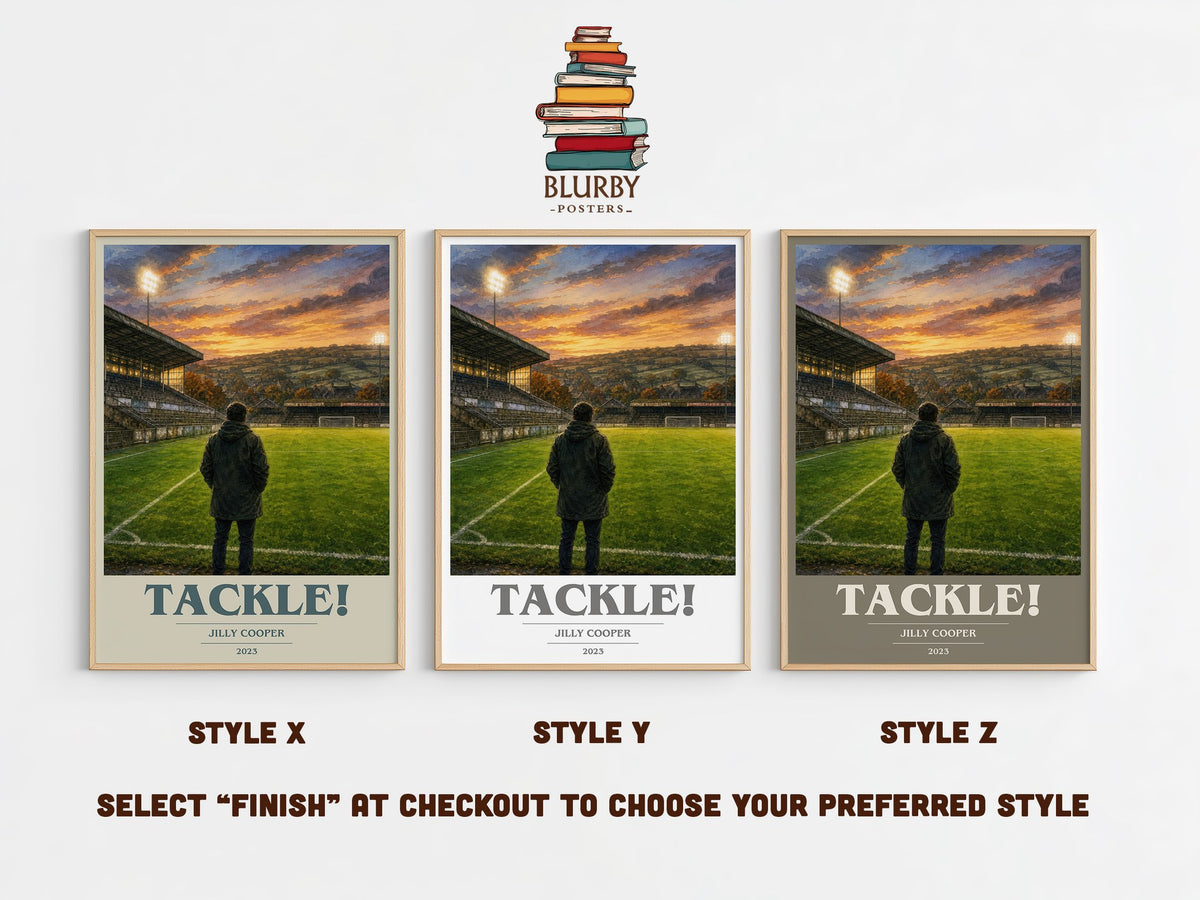 Tackle! book cover print in frame leaning in hallway – contemporary fiction wall art (mockup)