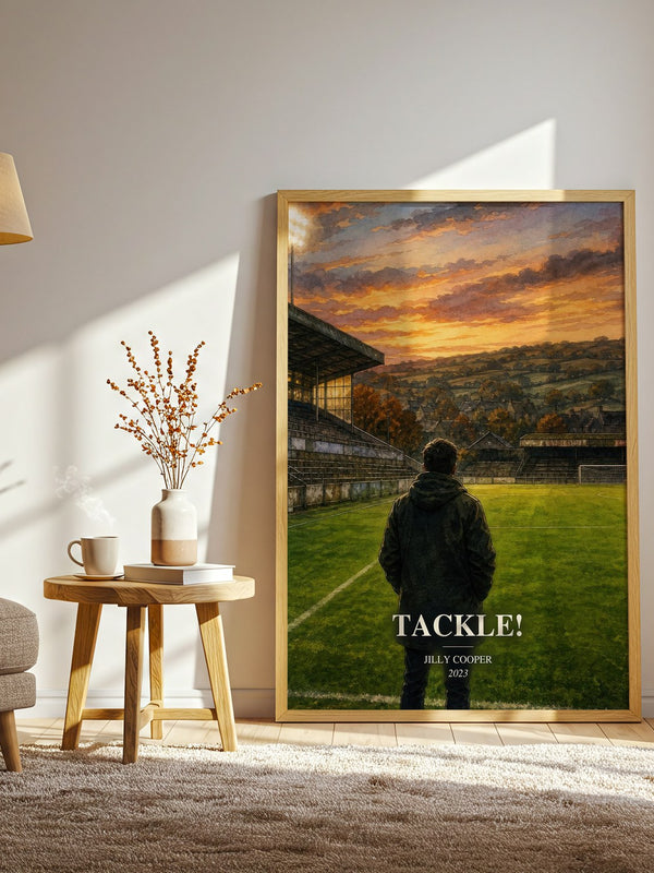 Tackle! watercolour print in frame leaning in hallway – contemporary fiction wall art