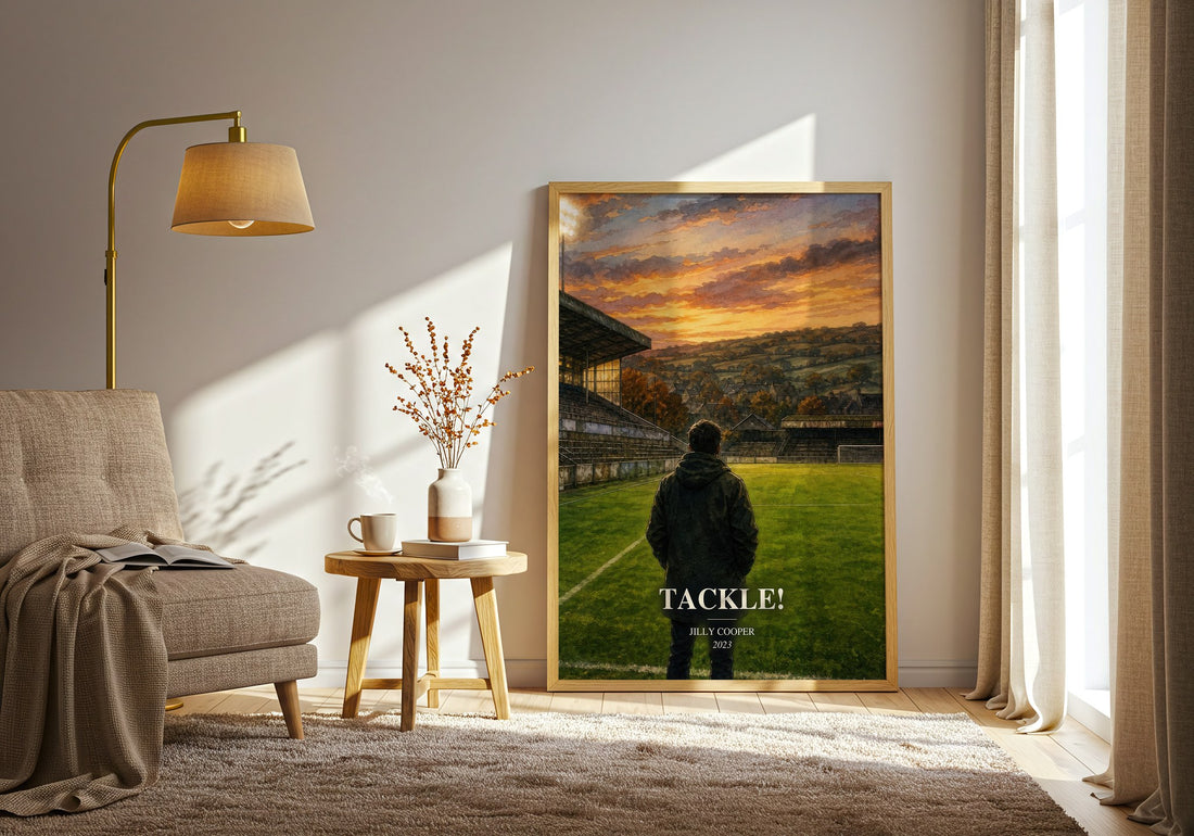 Tackle! watercolour print in frame leaning in hallway – contemporary fiction wall art (mockup)