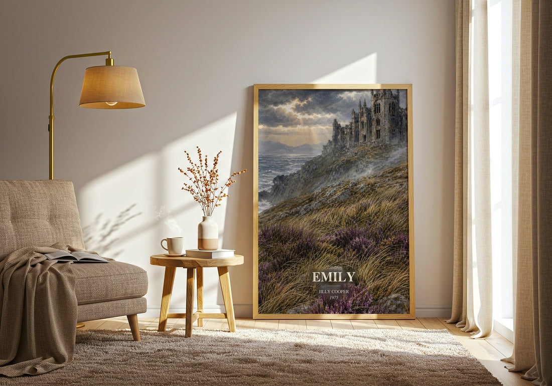 Emily watercolour print in frame leaning in hallway – romance wall art (mockup)