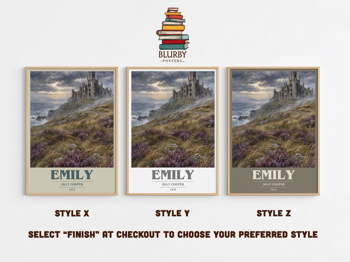 Emily book cover print in frame leaning in hallway – romance wall art (mockup)