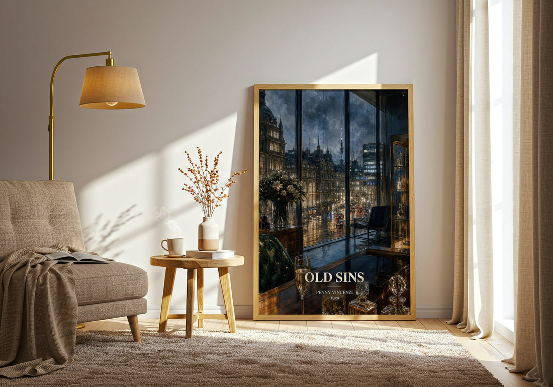 Old Sins watercolour print in frame leaning in hallway – contemporary fiction wall art (mockup)