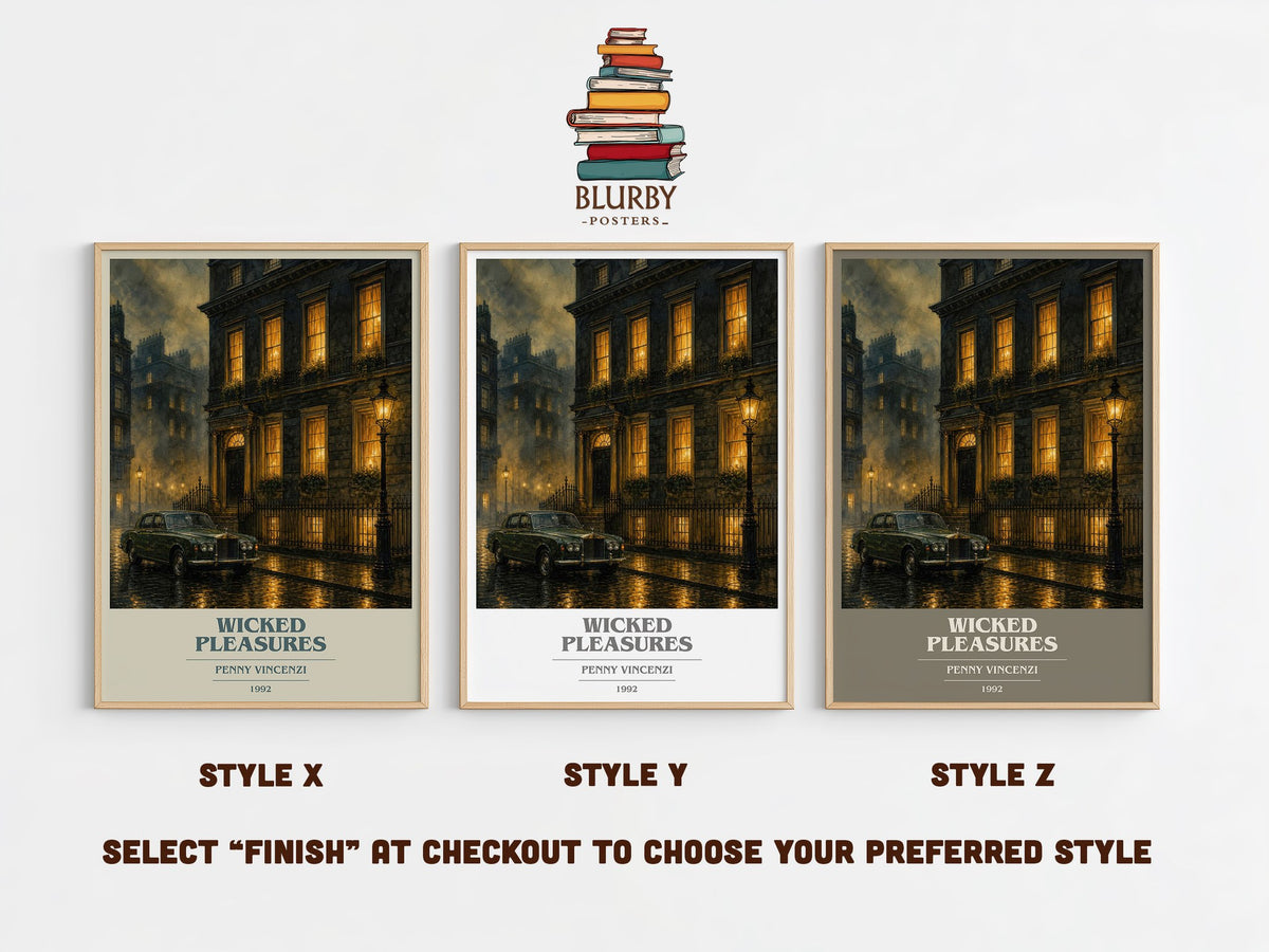 Wicked Pleasures book cover print in frame leaning in hallway – contemporary fiction wall art (mockup)
