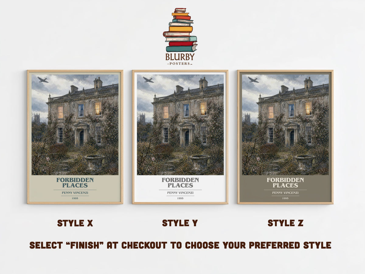 Forbidden Places book cover print in frame leaning in hallway – contemporary fiction wall art (mockup)