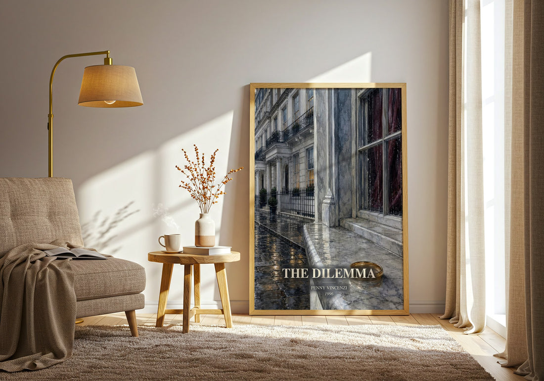 The Dilemma watercolour print in frame leaning in hallway – contemporary fiction wall art (mockup)