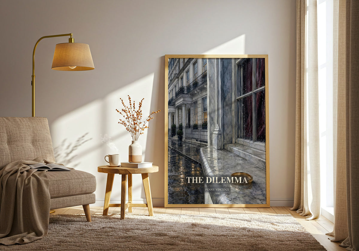 The Dilemma watercolour print in frame leaning in hallway – contemporary fiction wall art (mockup)