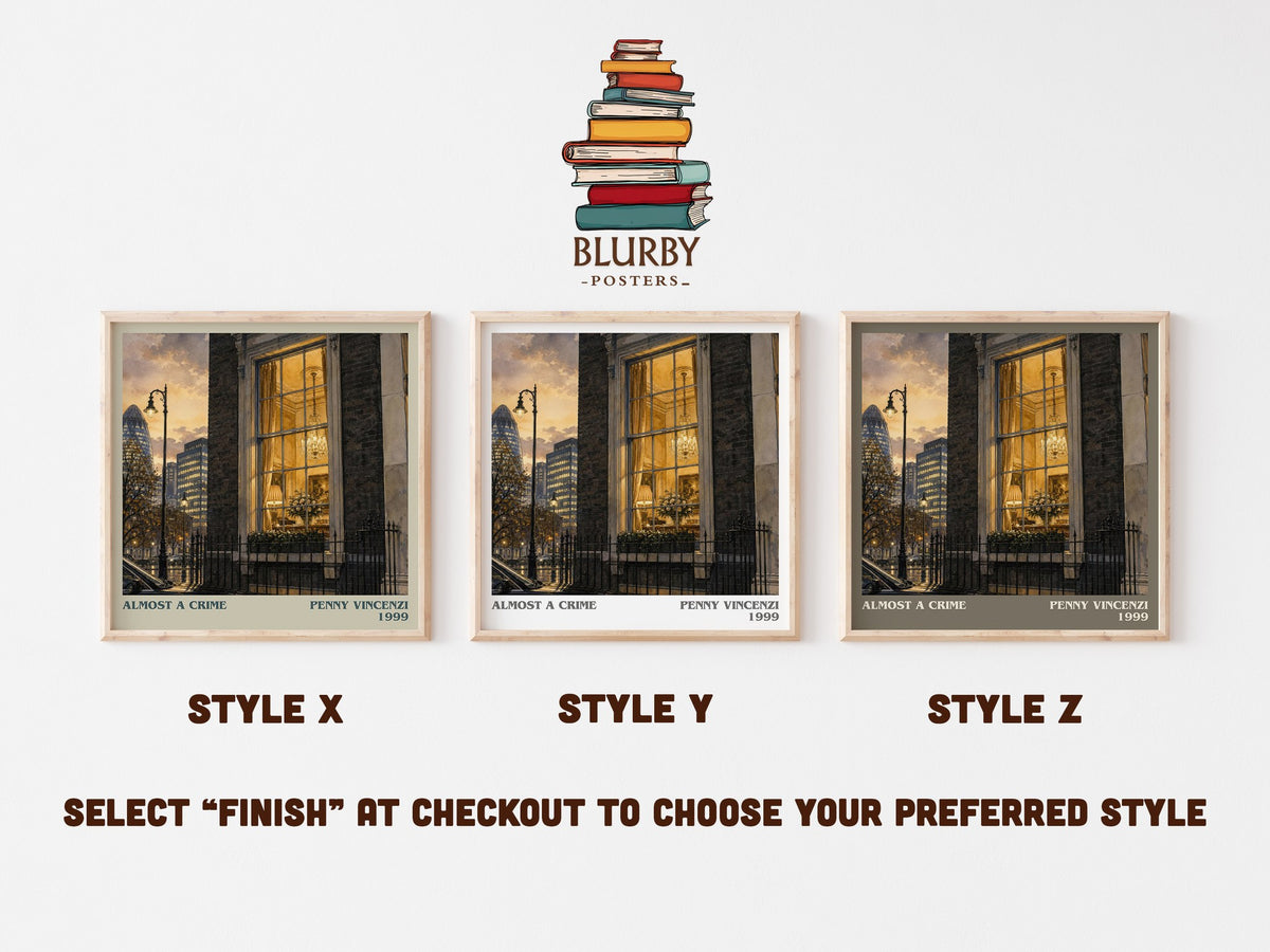 Almost a Crime literary print in frame leaning in hallway – contemporary fiction wall art (mockup)