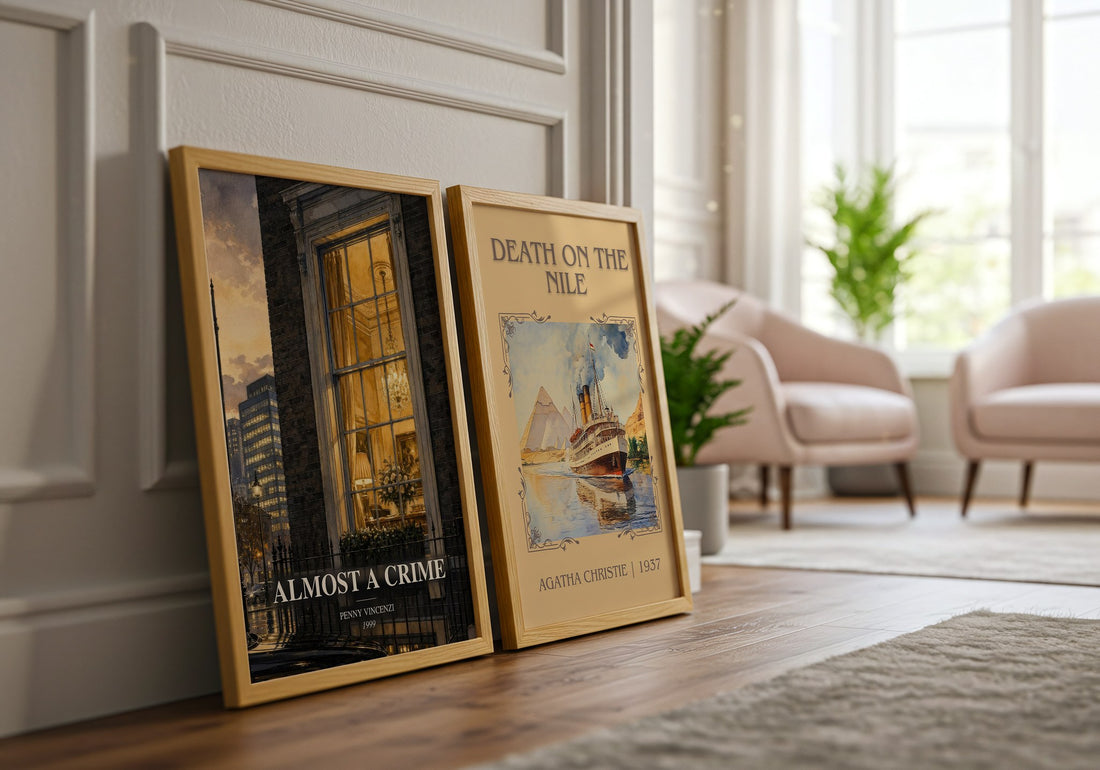 Almost a Crime watercolour print framed by window – literary home decor