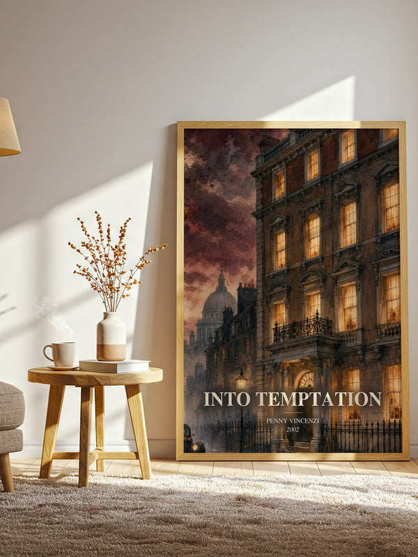 Into Temptation watercolour print in frame leaning in hallway – contemporary fiction wall art