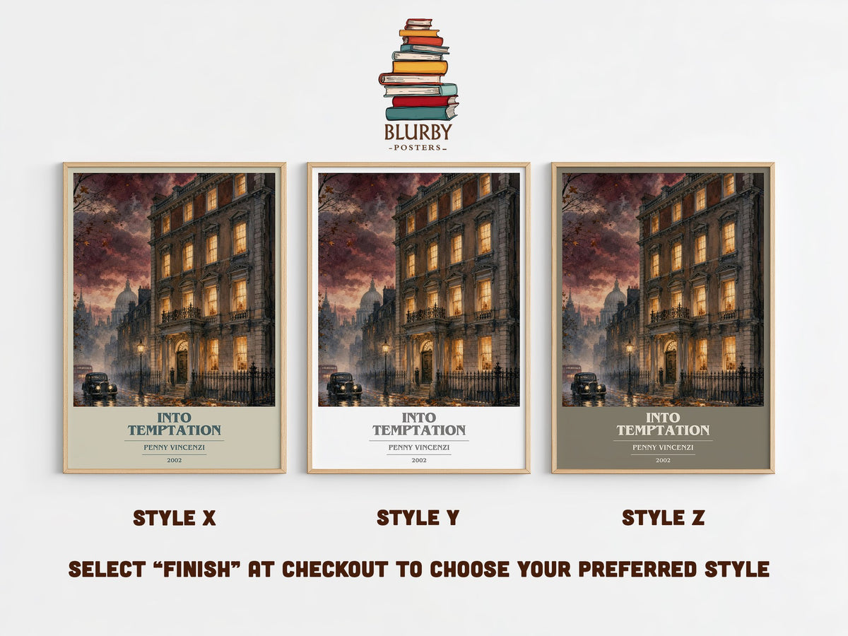 Into Temptation book cover print in frame leaning in hallway – contemporary fiction wall art (mockup)