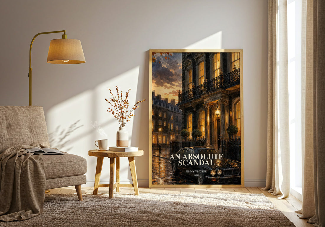 An Absolute Scandal watercolour print in frame leaning in hallway – contemporary fiction wall art (mockup)