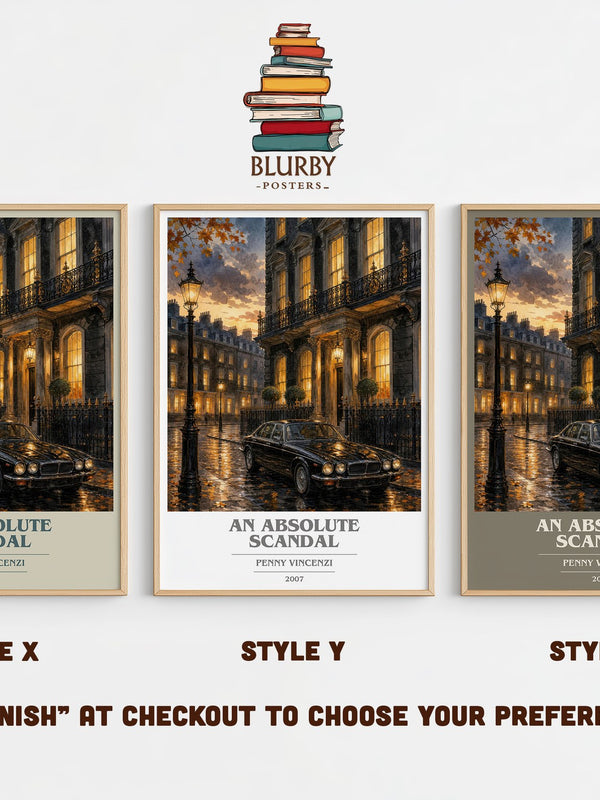 An Absolute Scandal book cover print in frame leaning in hallway – contemporary fiction wall art