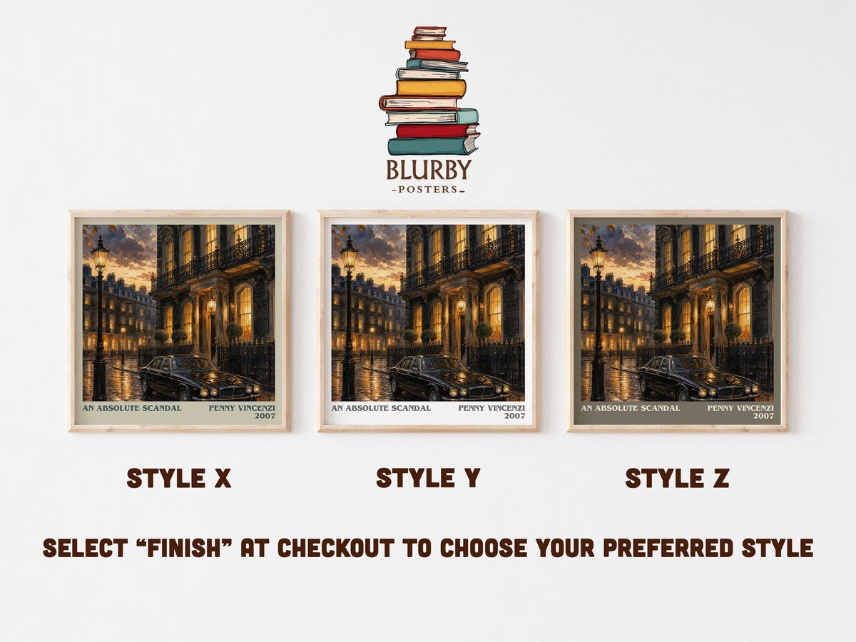 An Absolute Scandal literary print in frame leaning in hallway – contemporary fiction wall art (mockup)