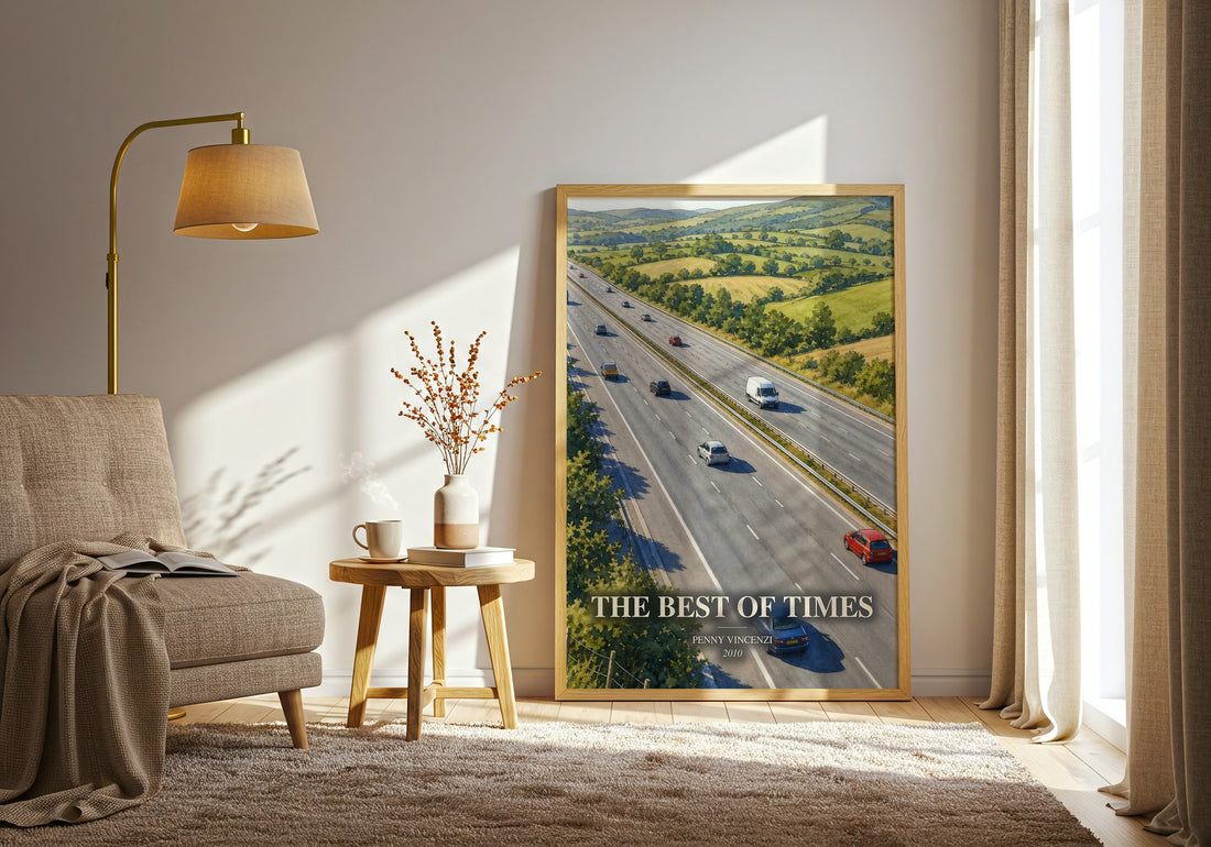 The Best of Times watercolour print in frame leaning in hallway – contemporary fiction wall art (mockup)