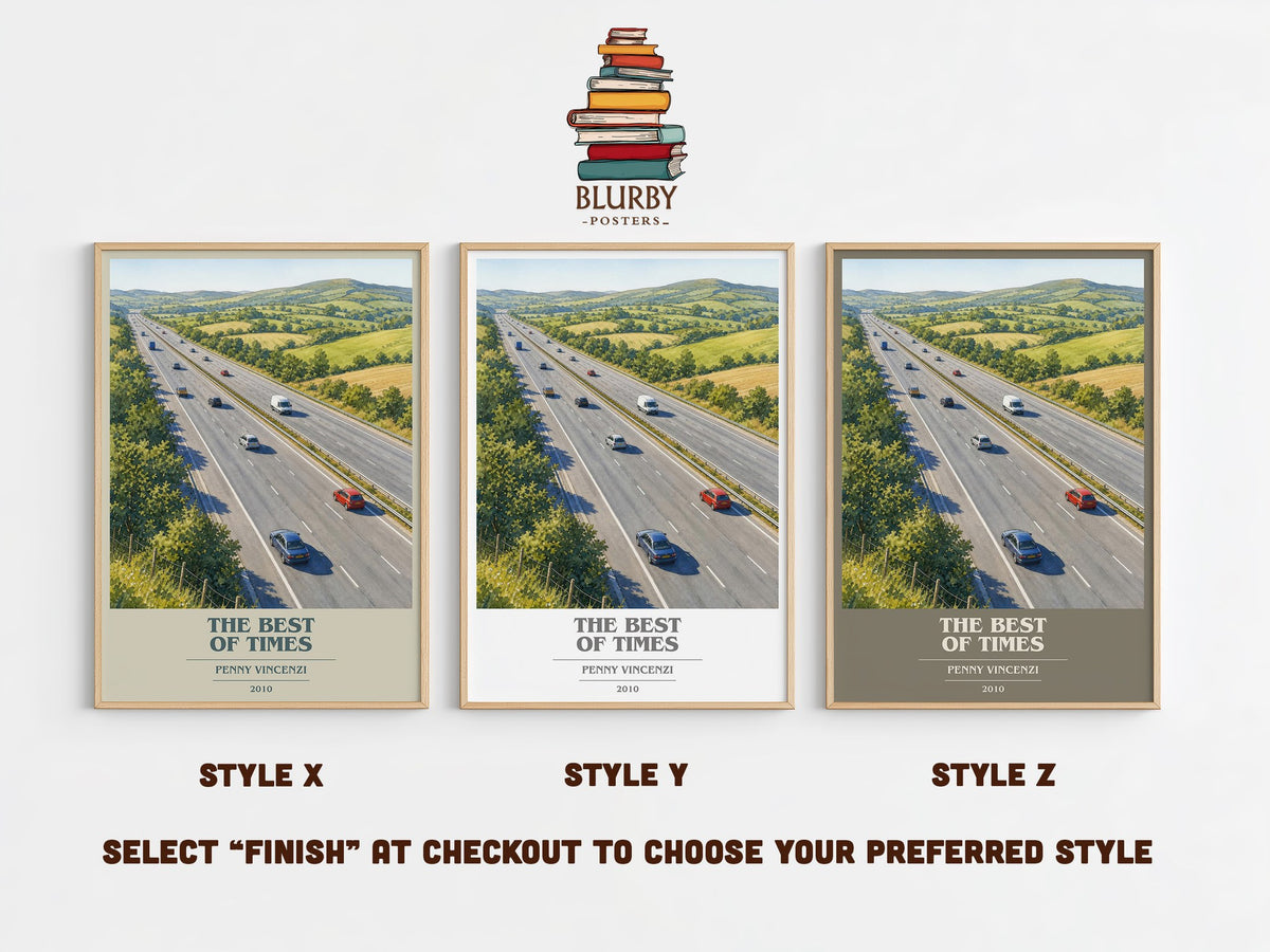 The Best of Times book cover print in frame leaning in hallway – contemporary fiction wall art (mockup)