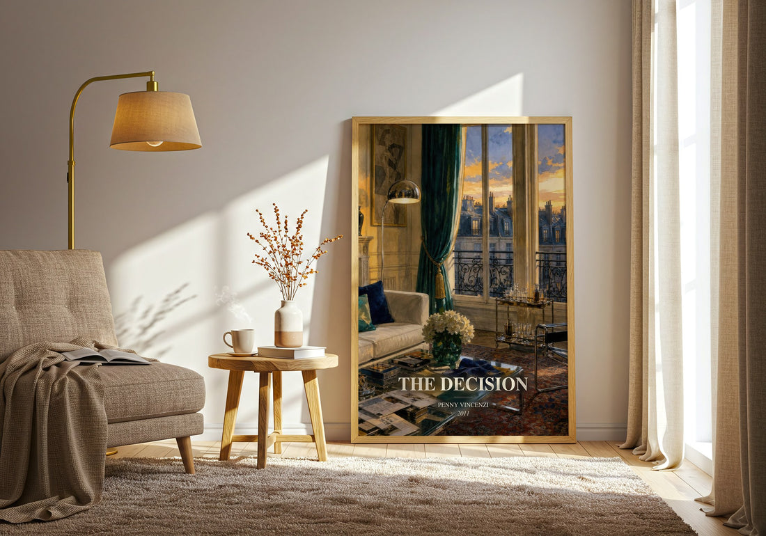 The Decision watercolour print in frame leaning in hallway – contemporary fiction wall art (mockup)