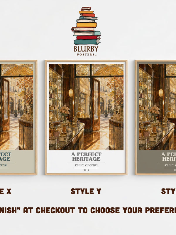 A Perfect Heritage book cover print in frame leaning in hallway – contemporary fiction wall art