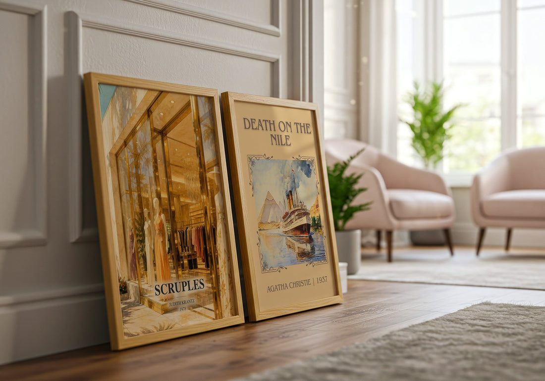Scruples watercolour print framed by window – literary home decor