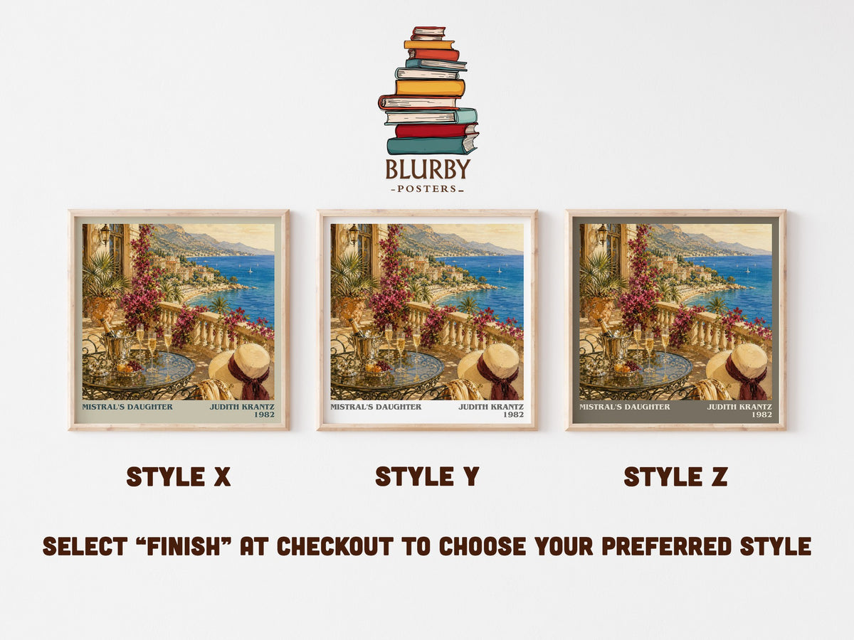 Mistral's Daughter literary print in frame leaning in hallway – romance wall art (mockup)