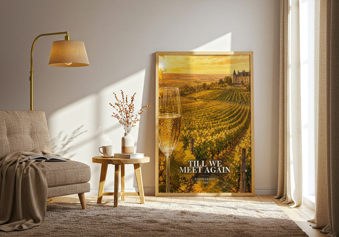 Till We Meet Again watercolour print in frame leaning in hallway – romance wall art (mockup)