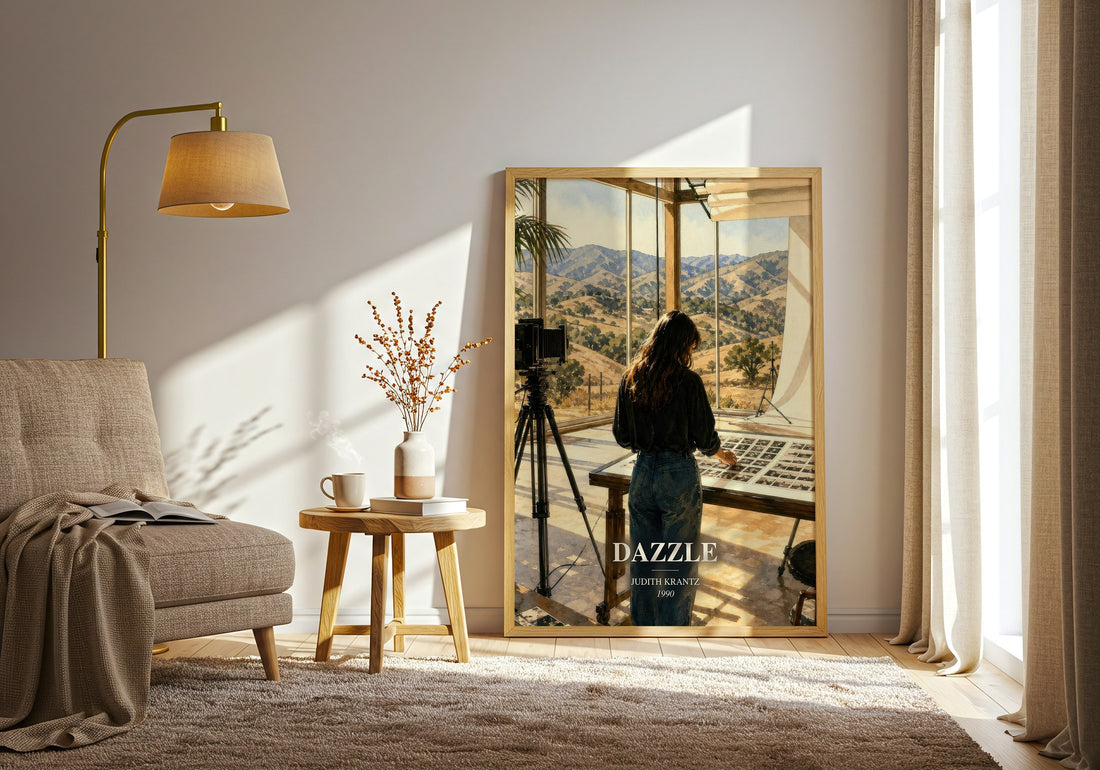 Dazzle watercolour print in frame leaning in hallway – contemporary fiction wall art (mockup)