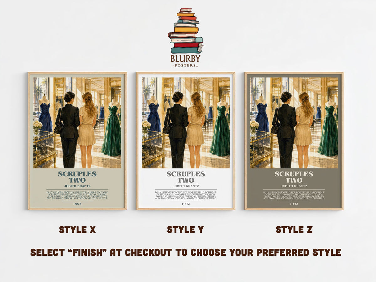 Scruples Two bookish print in frame leaning in hallway – romance wall art (mockup)