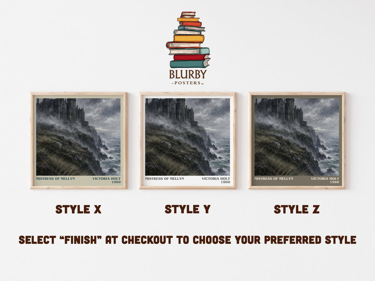 Mistress of Mellyn literary print in frame leaning in hallway – gothic wall art (mockup)