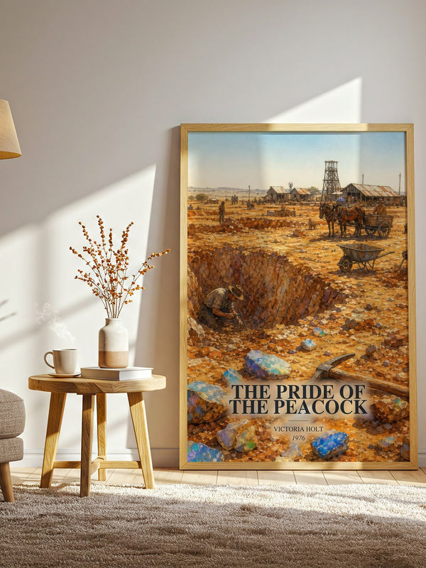 The Pride of the Peacock watercolour print in frame leaning in hallway – romance wall art
