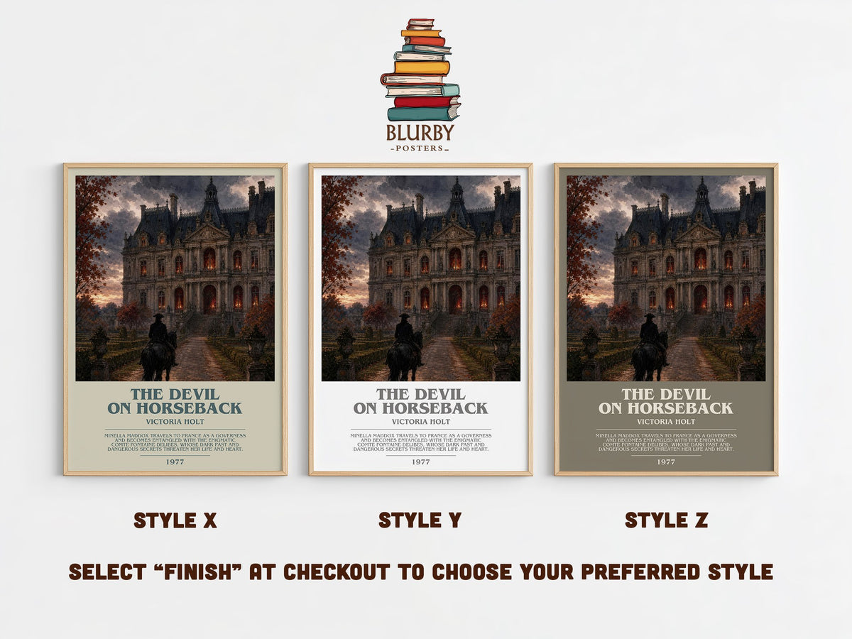 The Devil on Horseback bookish print in frame leaning in hallway – gothic wall art (mockup)