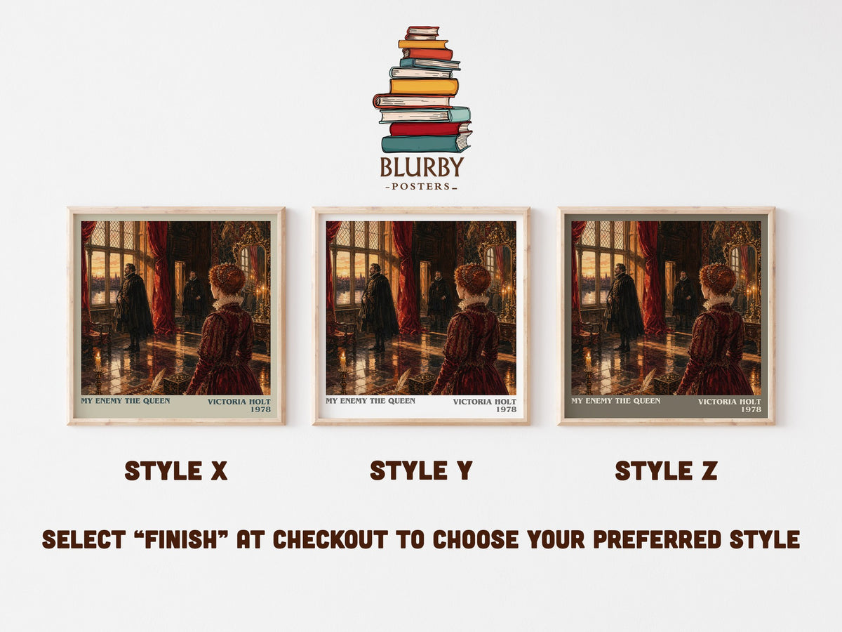 My Enemy the Queen literary print in frame leaning in hallway – historical fiction wall art (mockup)