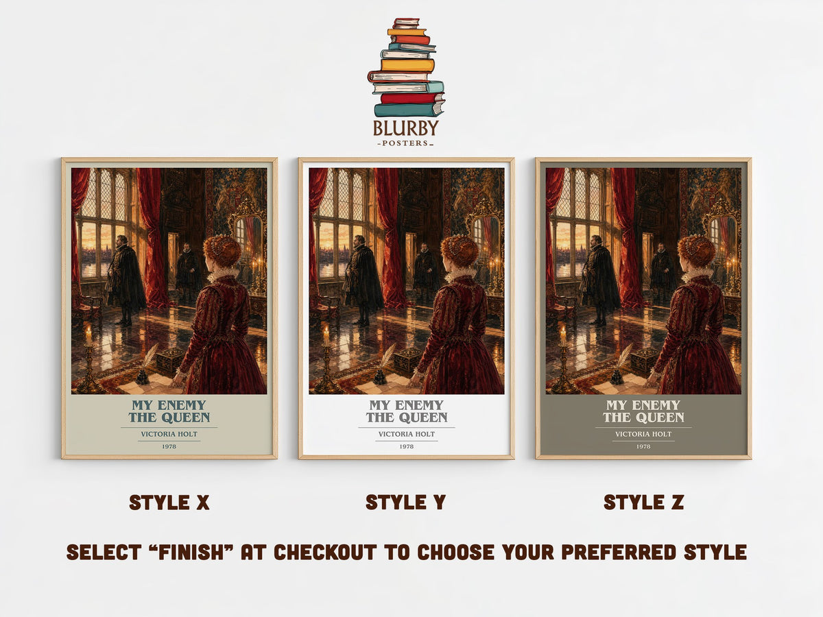 My Enemy the Queen book cover print in frame leaning in hallway – historical fiction wall art (mockup)