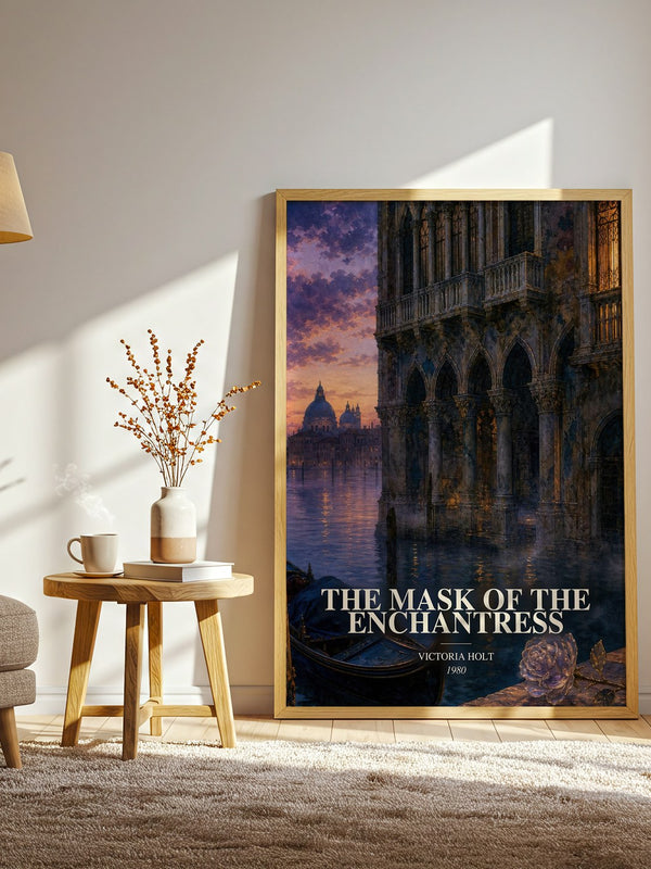 The Mask of the Enchantress watercolour print in frame leaning in hallway – gothic wall art