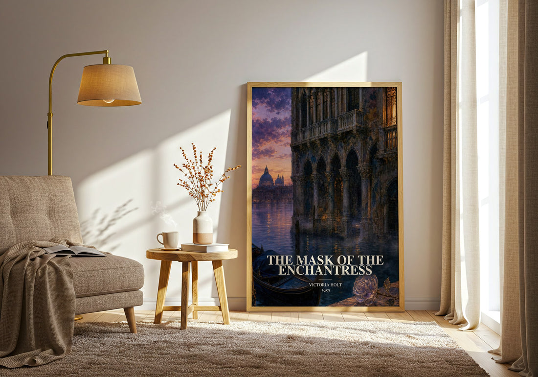 The Mask of the Enchantress watercolour print in frame leaning in hallway – gothic wall art (mockup)