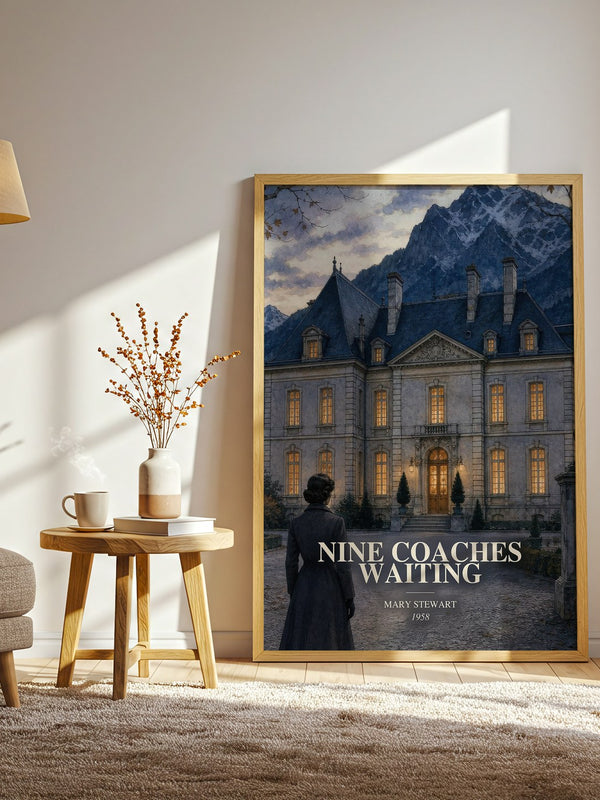 Nine Coaches Waiting watercolour print in frame leaning in hallway – mystery wall art