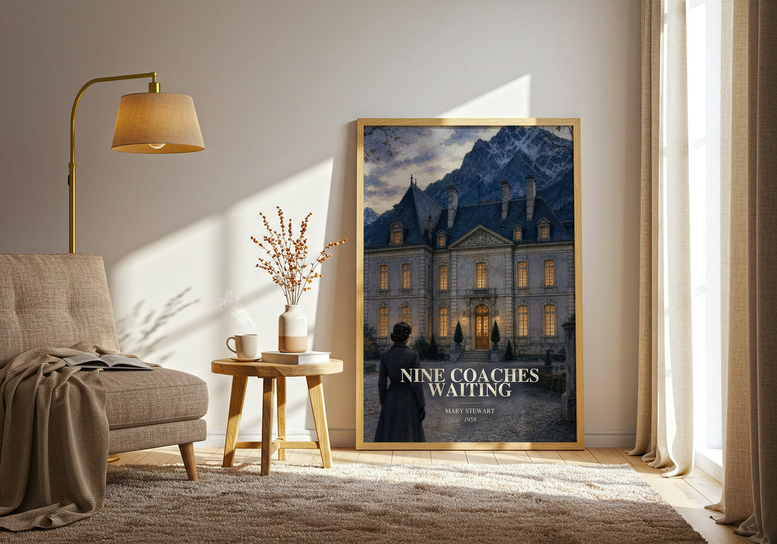 Nine Coaches Waiting watercolour print in frame leaning in hallway – mystery wall art (mockup)