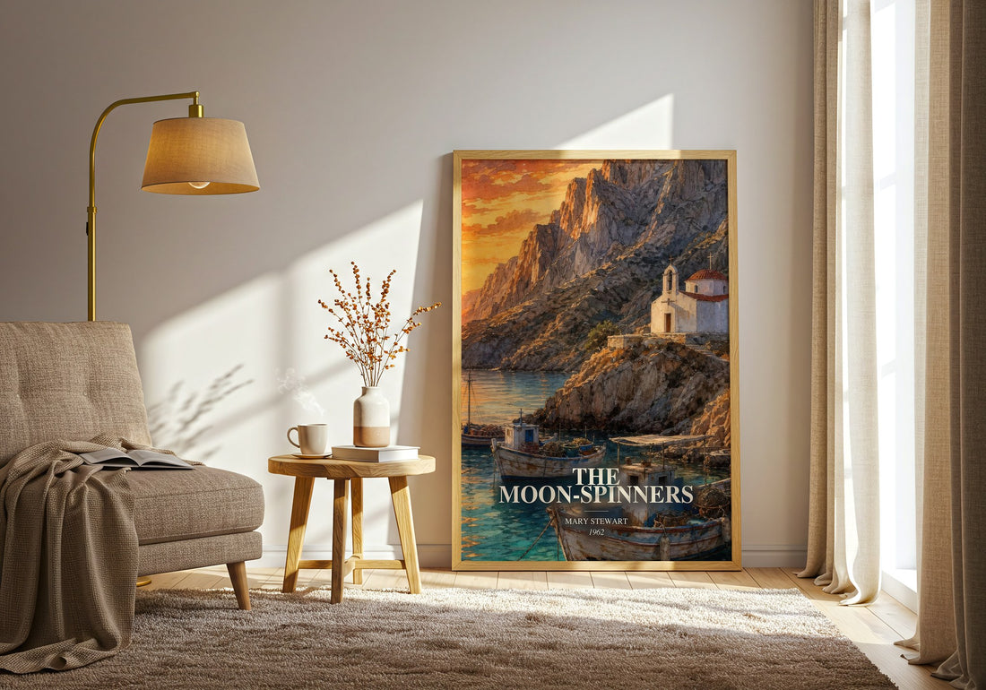 The Moon-Spinners watercolour print in frame leaning in hallway – thriller wall art (mockup)