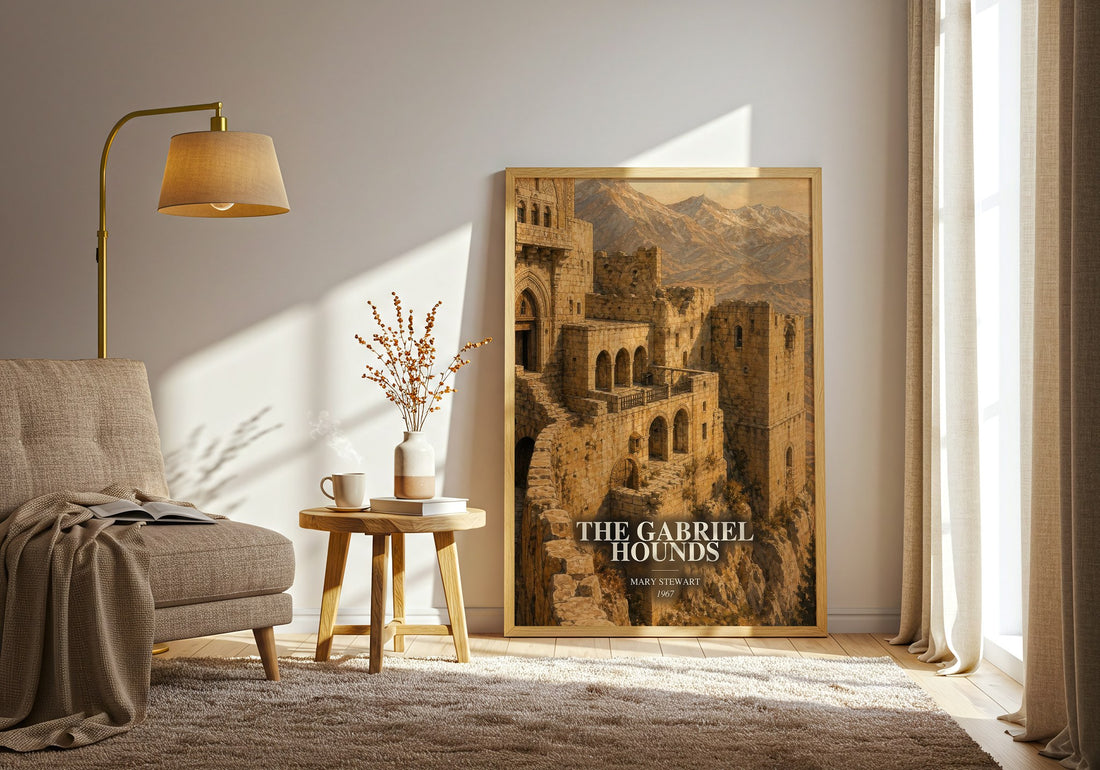 The Gabriel Hounds watercolour print in frame leaning in hallway – mystery wall art (mockup)