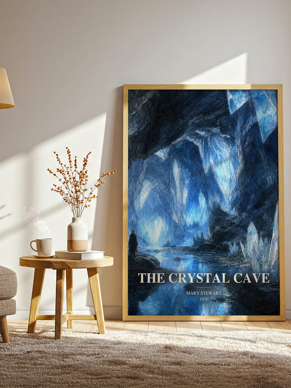 The Crystal Cave watercolour print in frame leaning in hallway – fantasy wall art
