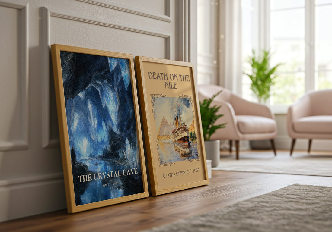 The Crystal Cave watercolour print framed by window – literary home decor