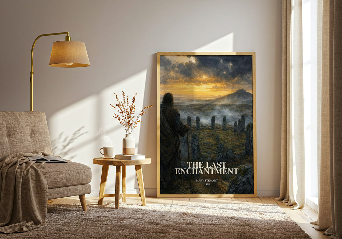 The Last Enchantment watercolour print in frame leaning in hallway – fantasy wall art (mockup)