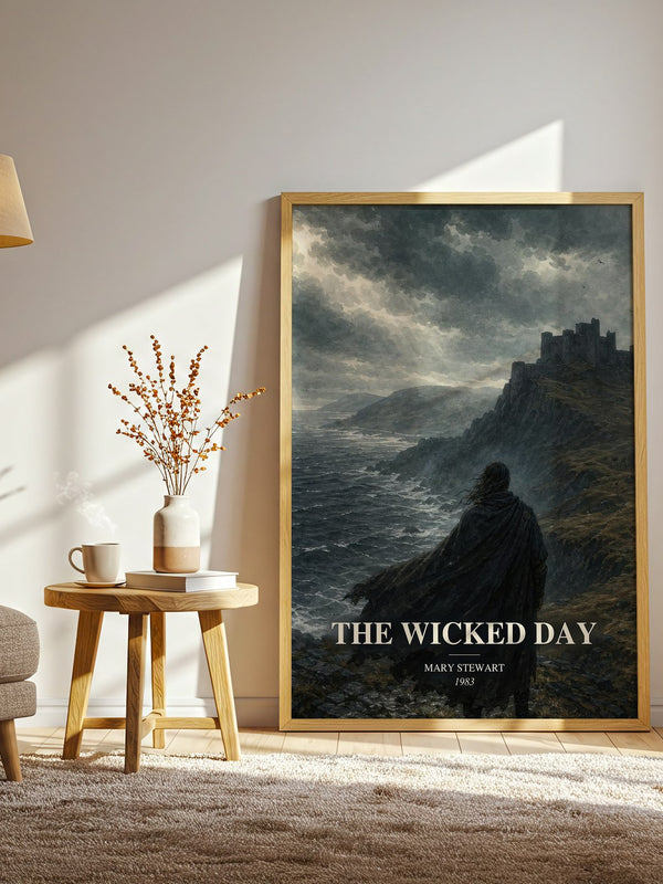 The Wicked Day watercolour print in frame leaning in hallway – historical fiction wall art